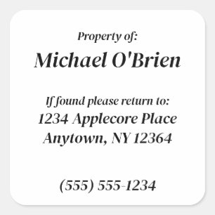 Personalized Property of Custom Information Square Sticker