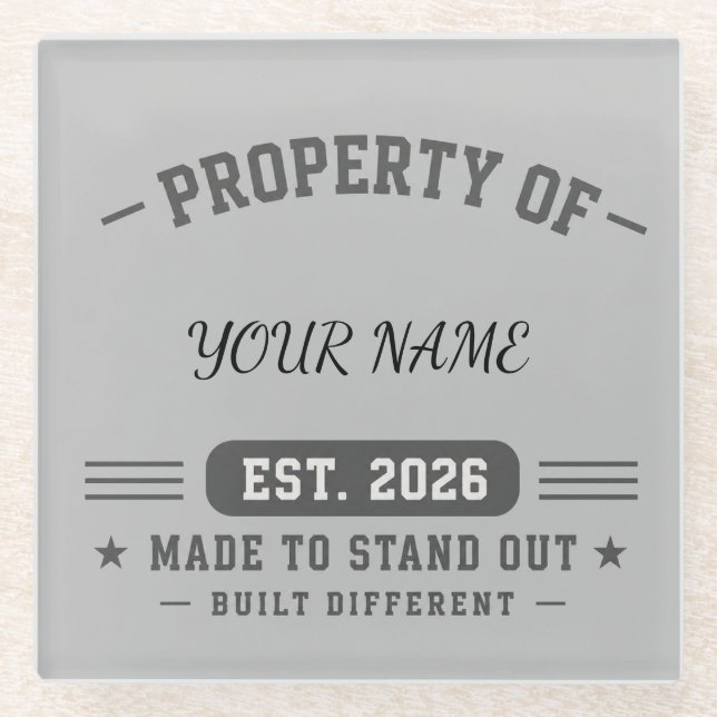 Personalized Property Of Name – Varsity Style Cust Glass Coaster (Front)