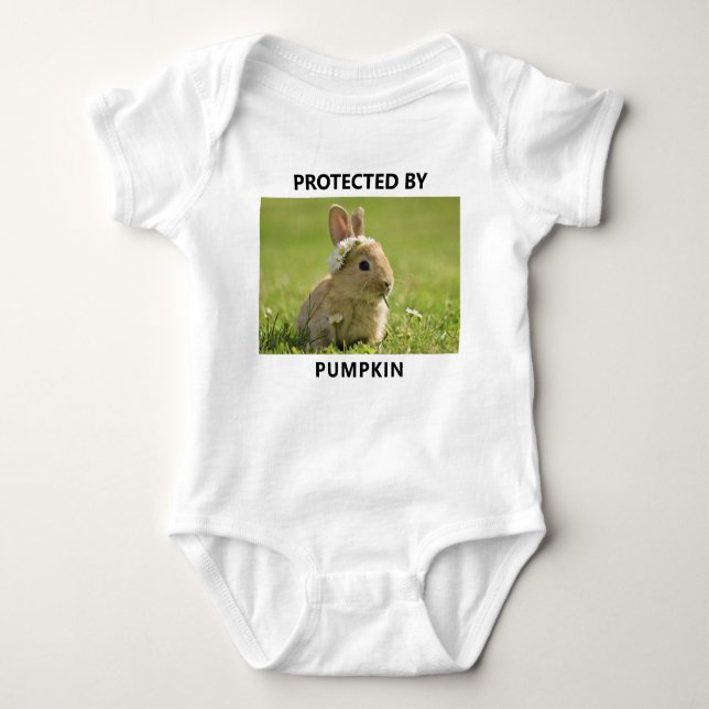 Personalized Protected By Rabbit Photo Funny Baby Bodysuit (Front)