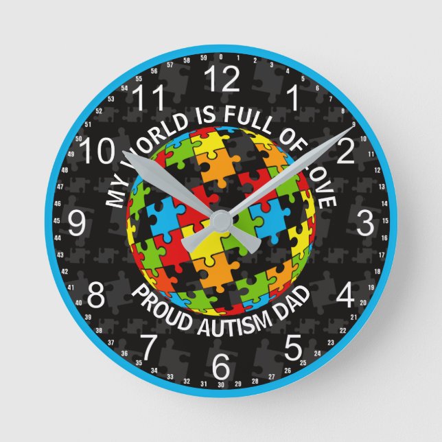 Personalized Proud Autism Dad/Mom World of Love Round Clock (Front)