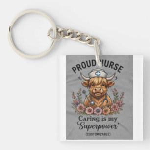 Personalized Proud Nurse Highland Cow Floral Gradu Keychain