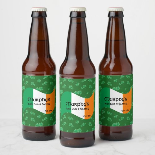 Personalized Pub  Eatery Irish Flag Shamrocks Beer Bottle Label