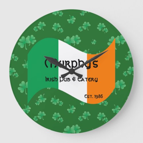 Personalized Pub  Eatery Irish Flag Shamrocks Large Clock