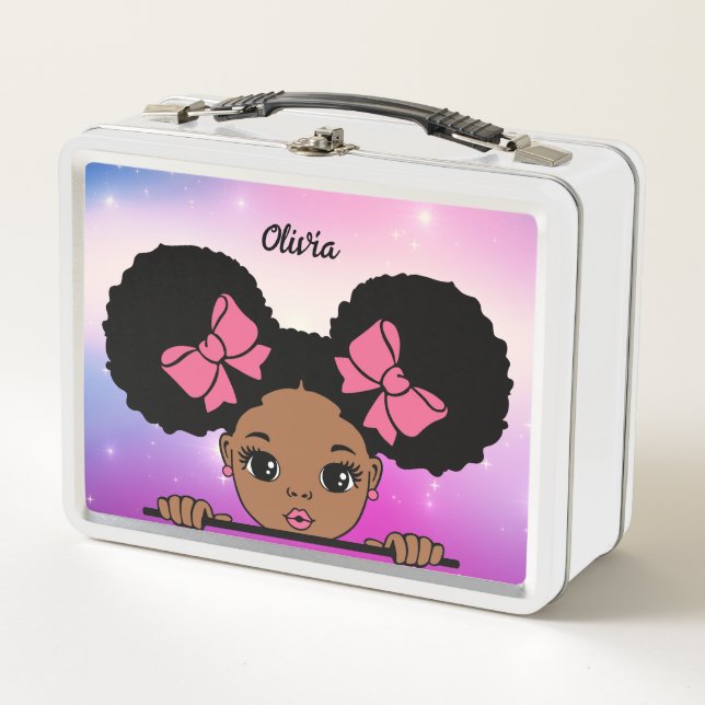 Personalized Puff Hair Baby girl Metal Lunch Box (Front)