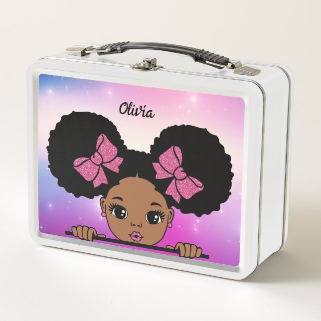 Personalized Puff Hair Baby girl Metal Lunch Box (Front)