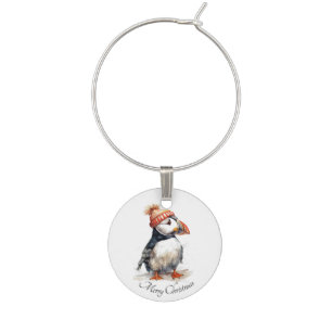 Personalized Puffin Christmas Hostess Accent Wine Charm