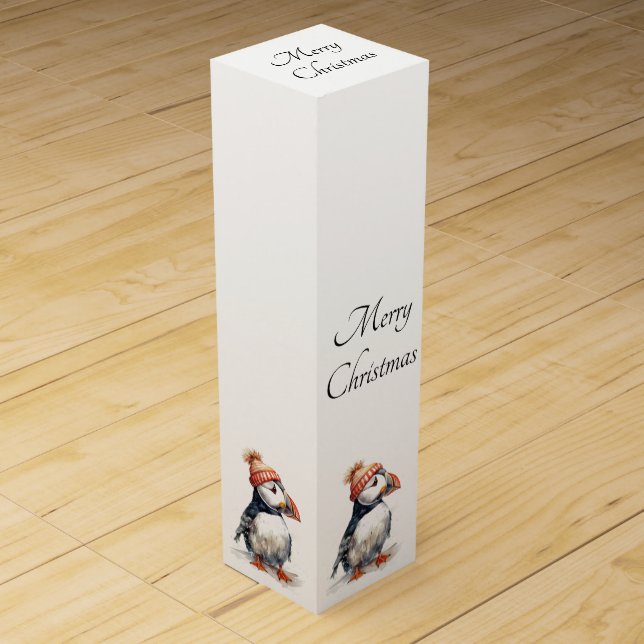 Personalized Puffin Christmas Wine Gift Box (Front)