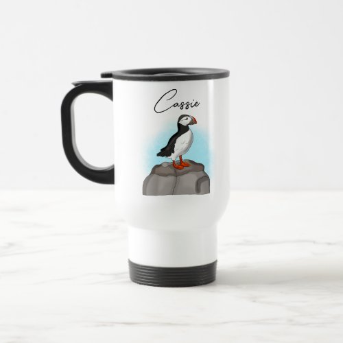 Personalized Puffin on a Rock Travel Mug