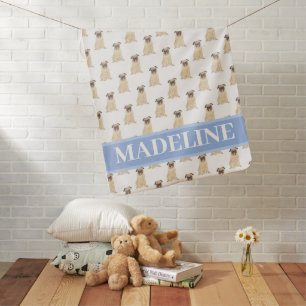 Personalized Pug Baby Blanket Blue & White