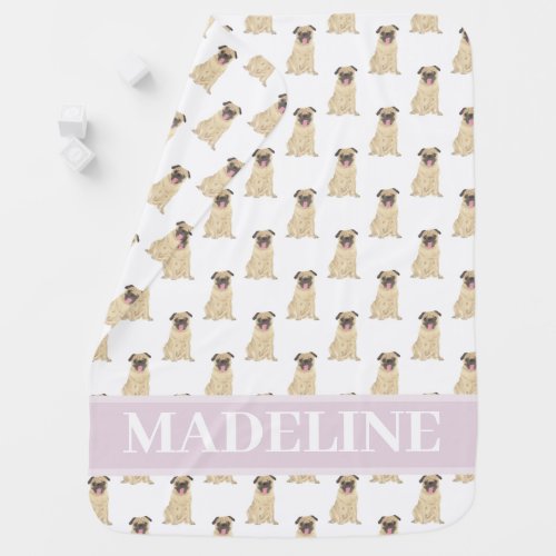 Personalized Pug Baby Blanket Pink  White