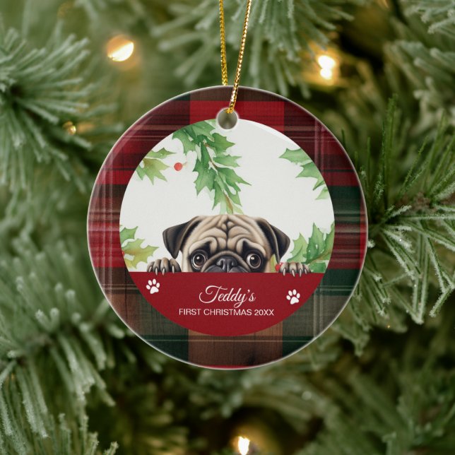 Personalized Pug Christmas Ceramic Ornament (Tree)