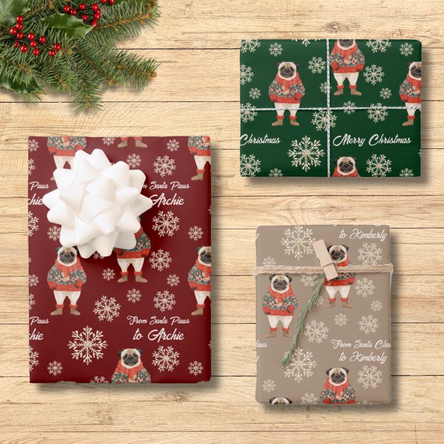 Personalized Pug Christmas Wrapping Paper Sheets (Creator Uploaded)