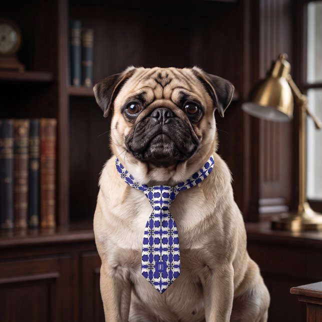 Personalized Pug Dog Pattern Navy Blue Monogram Neck Tie (Creator Uploaded)