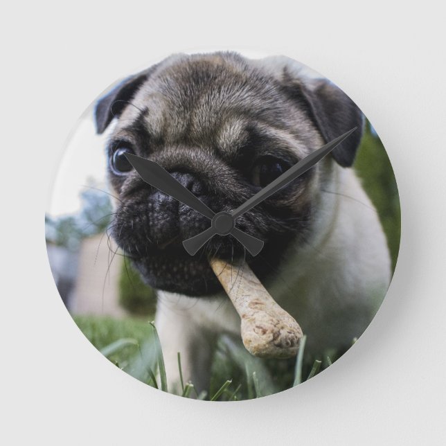 Personalized Pug Dog Photo and Name Round Clock (Front)