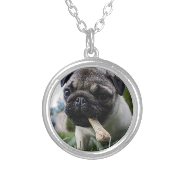 Personalized Pug Dog Photo and Name  Silver Plated Necklace (Front)