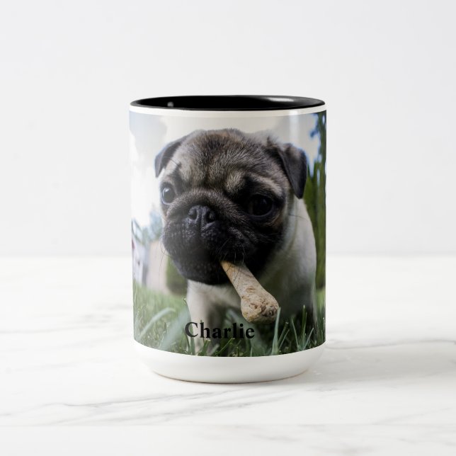 Personalized Pug Dog Photo and Name  Two-Tone Coffee Mug (Center)