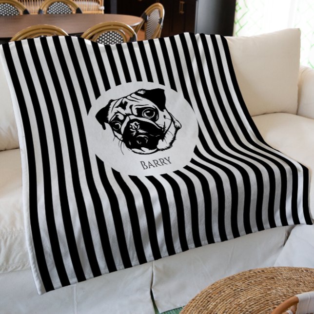 personalized pug dog  stylish trendy custom  fleece blanket (modern trendy striped pug dog blanket , fun persoanlized with a special name , ideal for gifting)