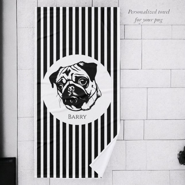 personalized pug dog trendy stylish custom  bath towel (personalized dogs towel , modern stylish bathtime fun for your beloved dog. )