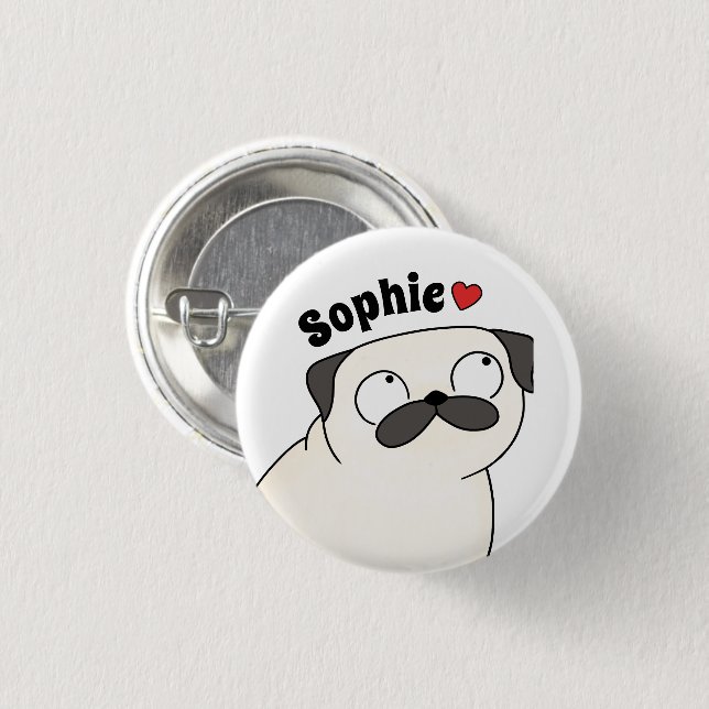 Personalized Pug Name Button Pin, Custom Name Pug  (Front & Back)