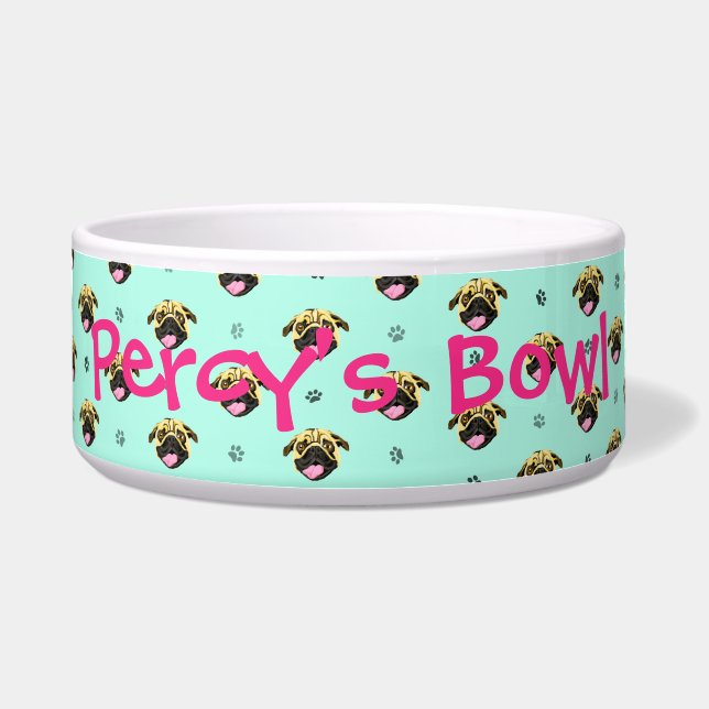 Personalized Pug Print Dog Bowl (Front)