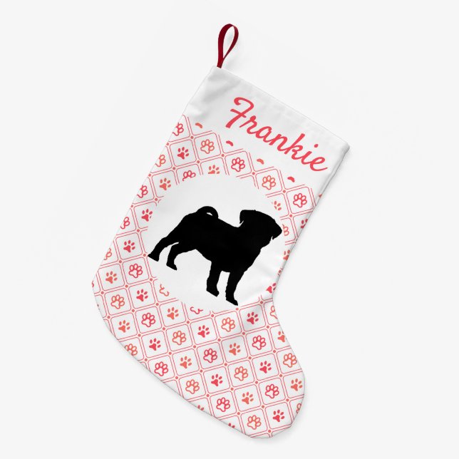 Personalized Pug Red Paw Print Tile Pattern Small Christmas Stocking (Front (Hanging))