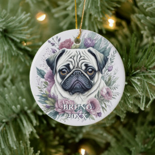 Personalized Pug Watercolor Floral Christmas Ceramic Ornament
