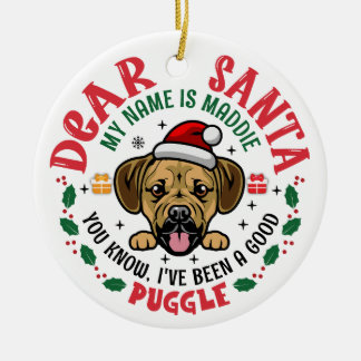 Personalized Puggle Dog Christmas Tree Round White Ceramic Ornament