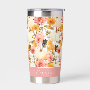 Personalized Pumpkin and Flowers Fall Pattern Insulated Tumbler