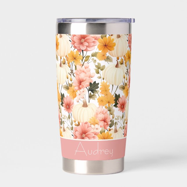 Personalized Pumpkin and Flowers Fall Pattern  Insulated Tumbler (Left)