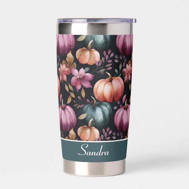Personalized Pumpkin and Flowers Fall Pattern  Insulated Tumbler (Left)