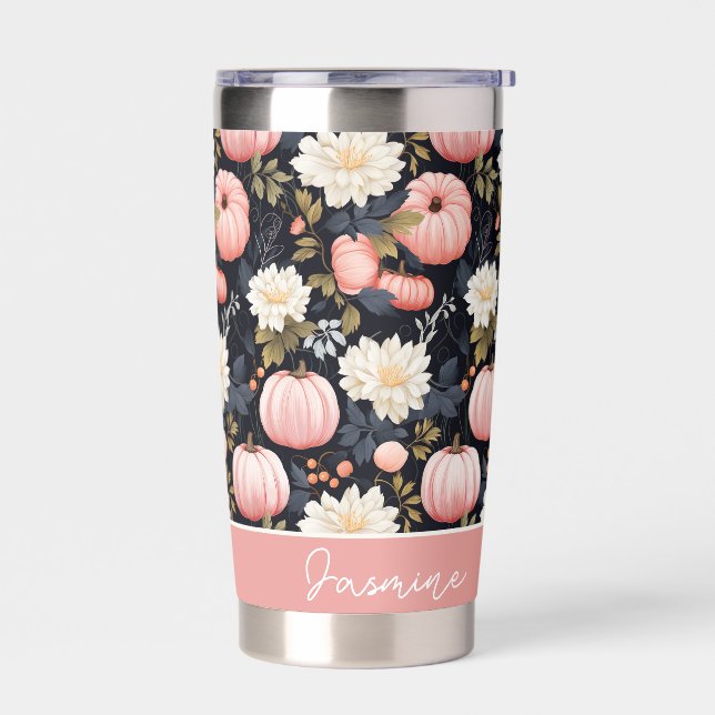 Personalized Pumpkin and Flowers Fall Pattern  Insulated Tumbler (Left)