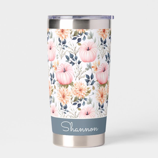 Personalized Pumpkin and Flowers Fall Pattern  Insulated Tumbler (Left)