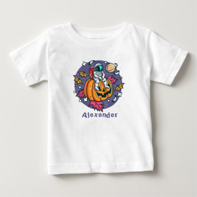 Personalized Pumpkin Astronaut Halloween Baby T-Shirt (Front)