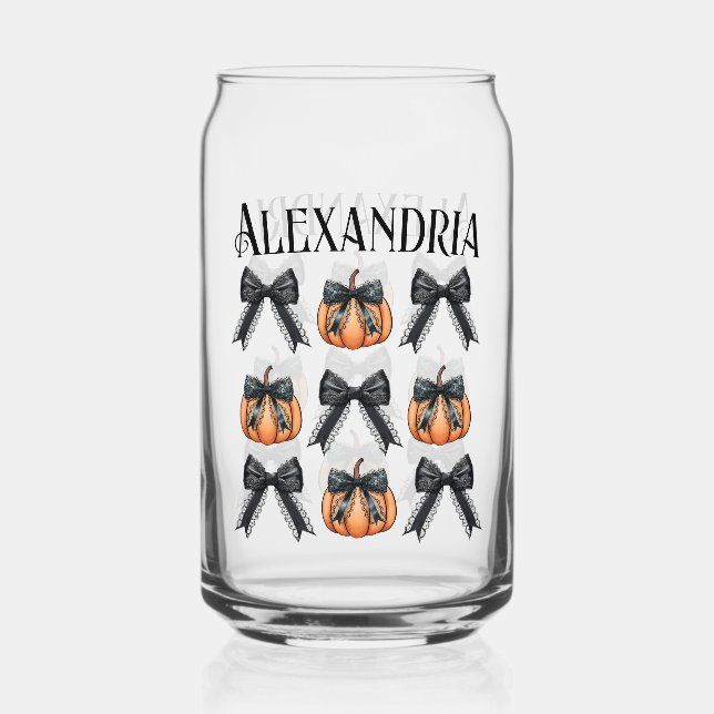 Personalized Pumpkin Bow Halloween Party Favor Can Glass (Front)