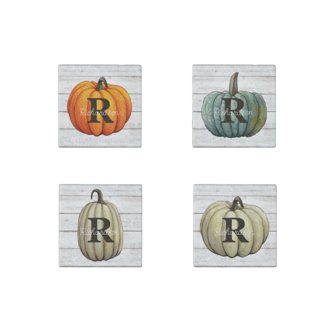 Personalized Pumpkin Family Name & Monogram Rustic Stone Magnet (Front)
