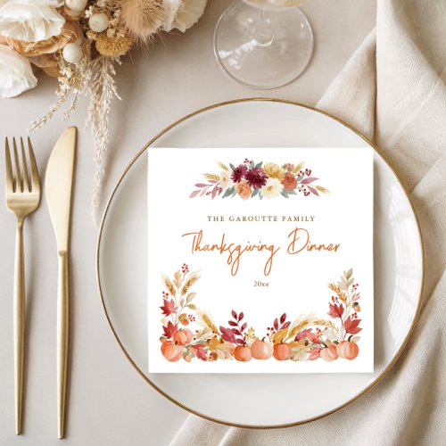 Personalized Pumpkin Floral Thanksgiving Dinner Napkins