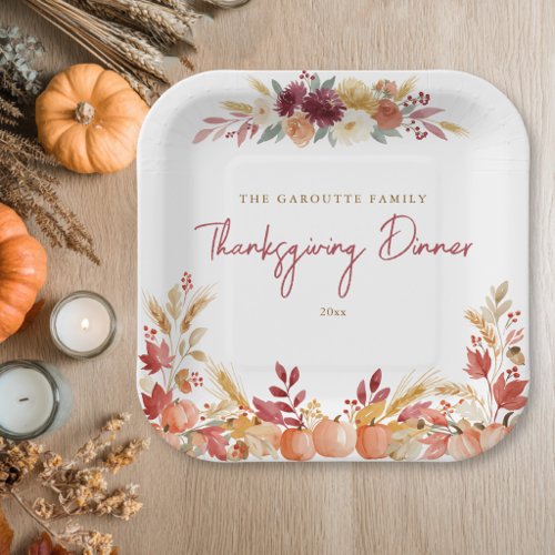 Personalized Pumpkin Floral Thanksgiving Dinner Paper Plates