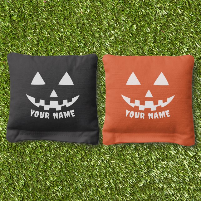 Personalized Pumpkin Halloween Black and Orange Cornhole Bags (Grass)
