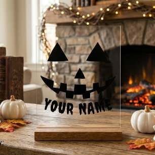 Personalized Pumpkin Halloween Name Black & White Acrylic Sign