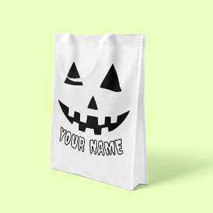 Personalized Pumpkin Halloween Name Black & White Grocery Bag
