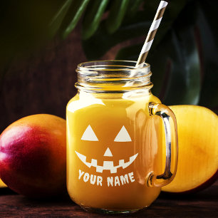 Personalized Pumpkin Halloween Name Black & White Mason Jar W/ Handle