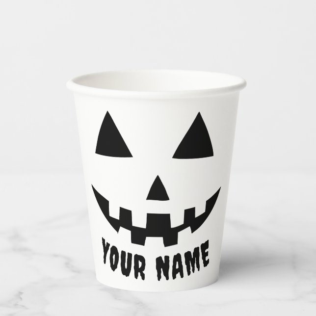 Personalized Pumpkin Halloween Name Black & White Paper Cups (Front)