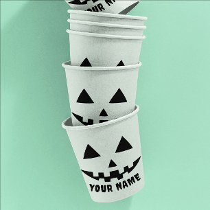Personalized Pumpkin Halloween Name Black & White Paper Cups