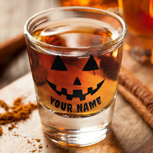 Personalized Pumpkin Halloween Name Black & White Shot Glass