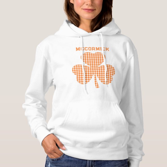 Personalized Pumpkin Orange Shamrock Gingham Plaid Hoodie (Front)