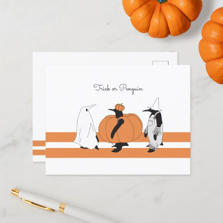 Personalized Pumpkin Penguin Funny Halloween Holiday Postcard