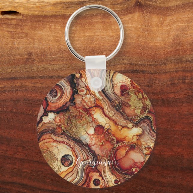 Personalized Pumpkin Spice Autumnal Alcohol Ink Keychain (Front)