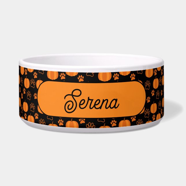 Personalized Pumpkins & Paws Orange and Black  Bowl (Front)