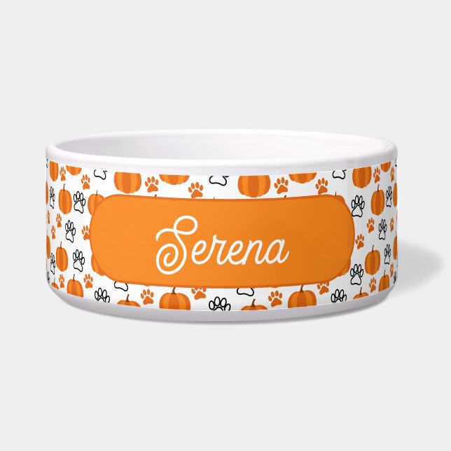 Personalized Pumpkins & Paws Orange and White  Bowl (Front)