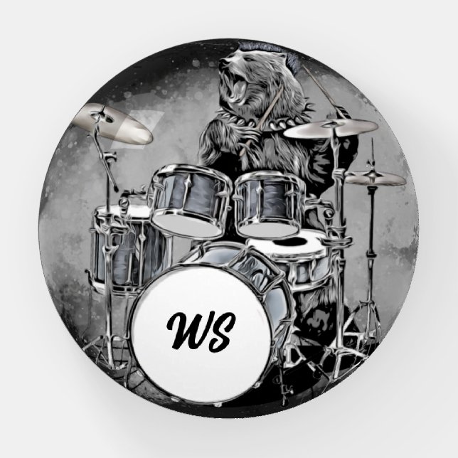 Personalized Punk Rock Drummer Bear Musician Drum Paperweight (Front)